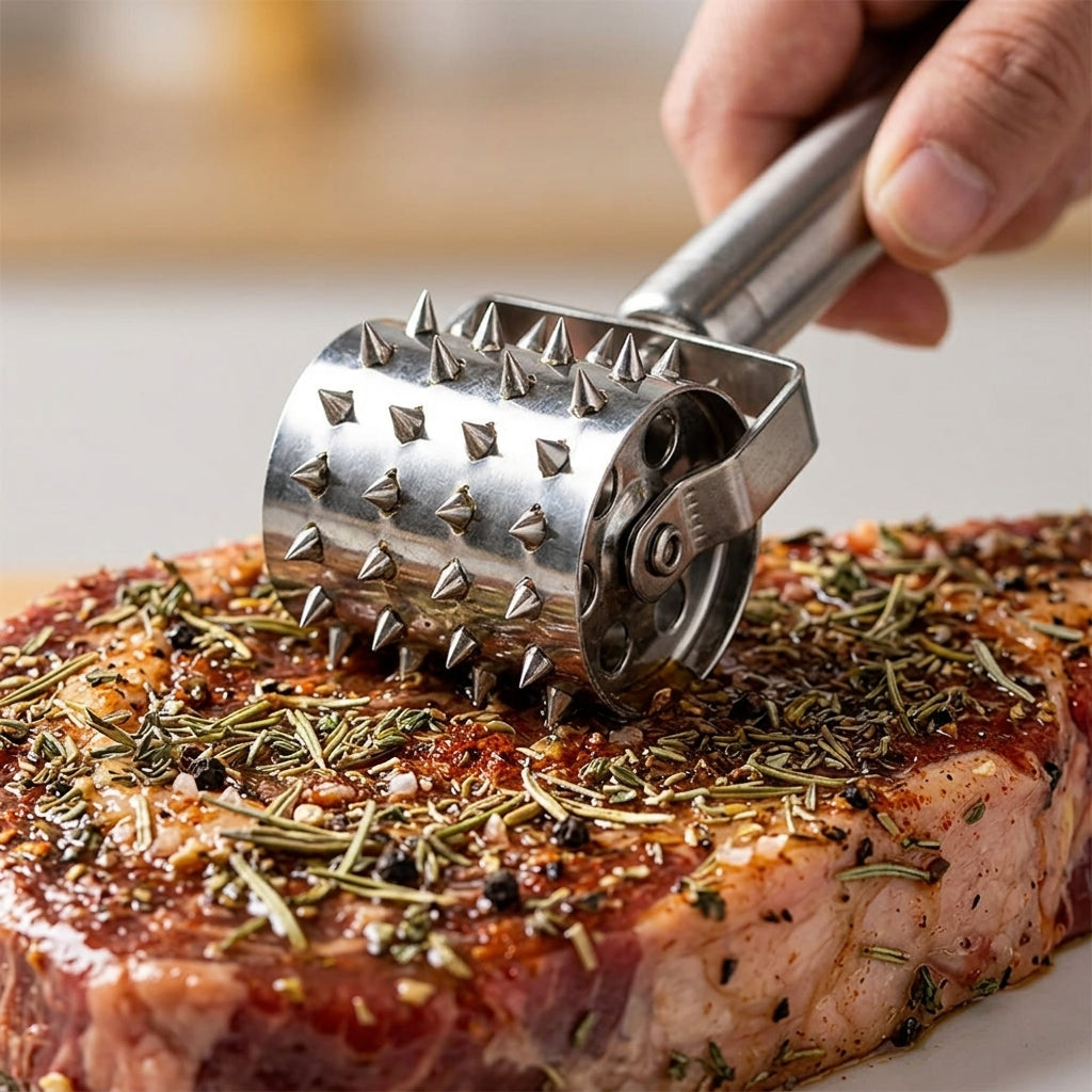 Rolling meat tenderizer rolling over a seasoned steak