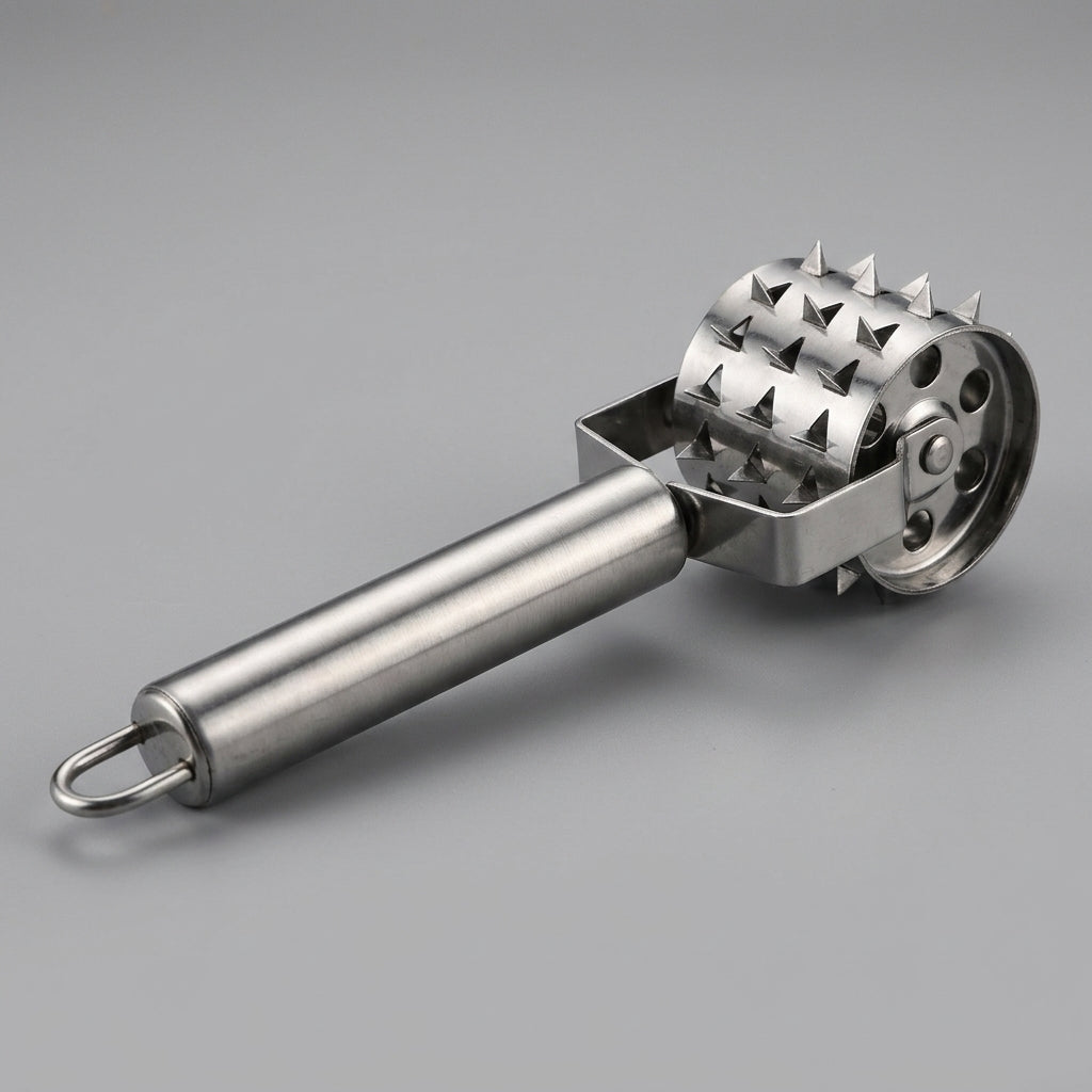 Rolling meat tenderizer with comfortable long handle