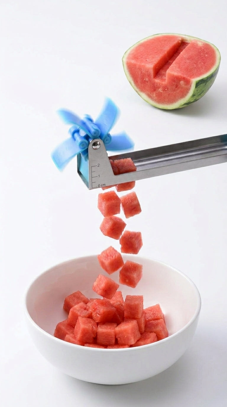 Watermelon windmill slicer dispensing perfect cubes into a bowl