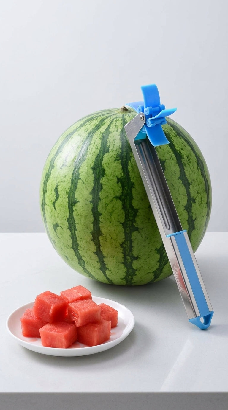 Watermelon windmill slicer next to a whole watermelon