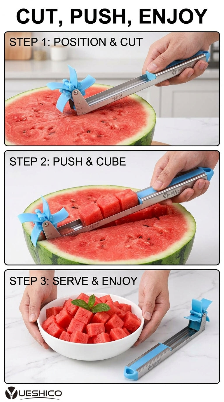 How it works: cut, push, enjoy - watermelon windmill slicer steps