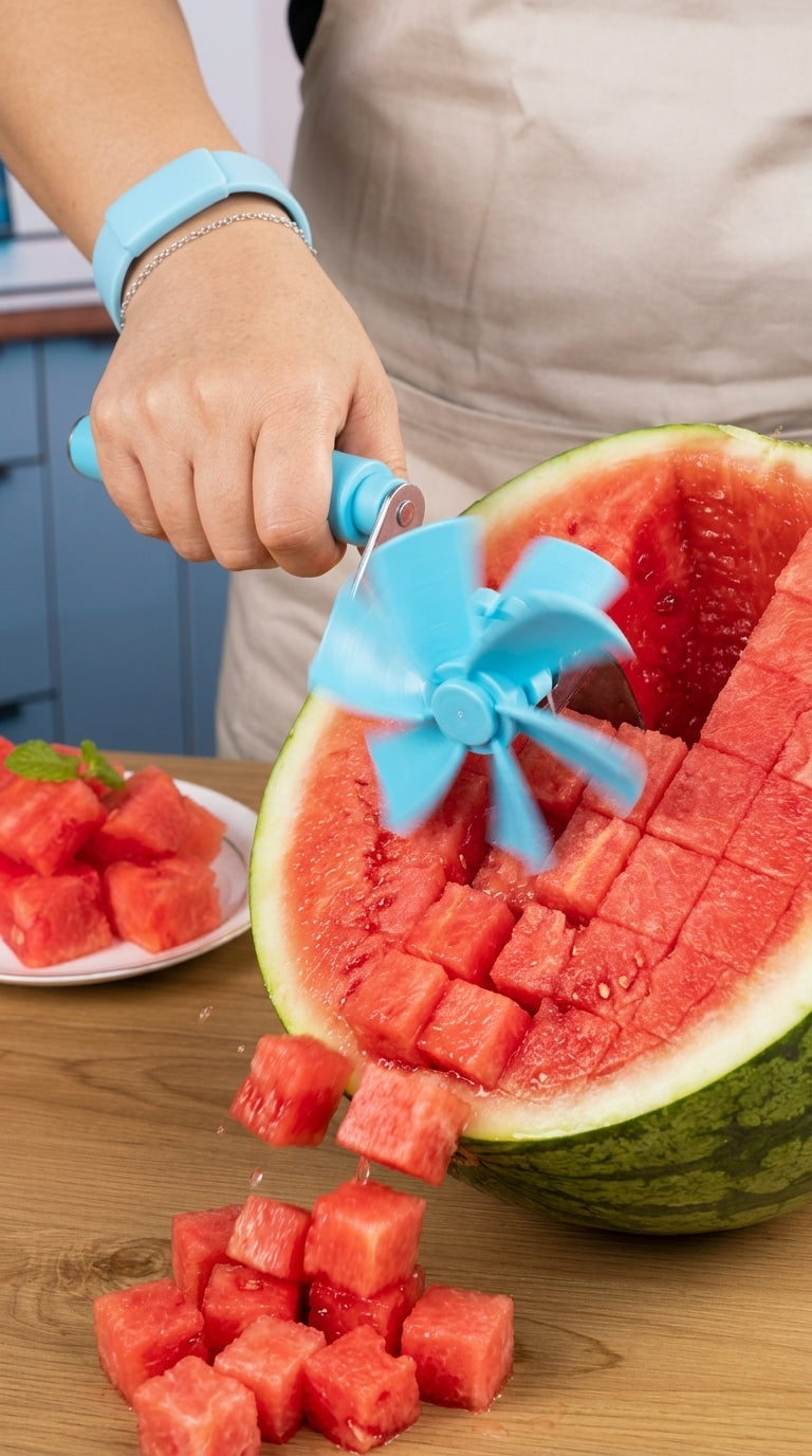 Hand using the watermelon windmill cutter to slice perfect cubes