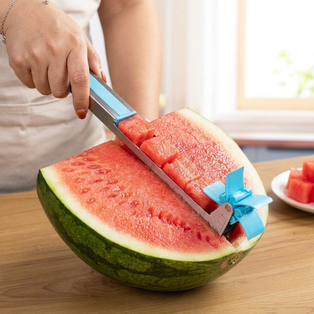 Cutting a watermelon into uniform cubes with the windmill slicer