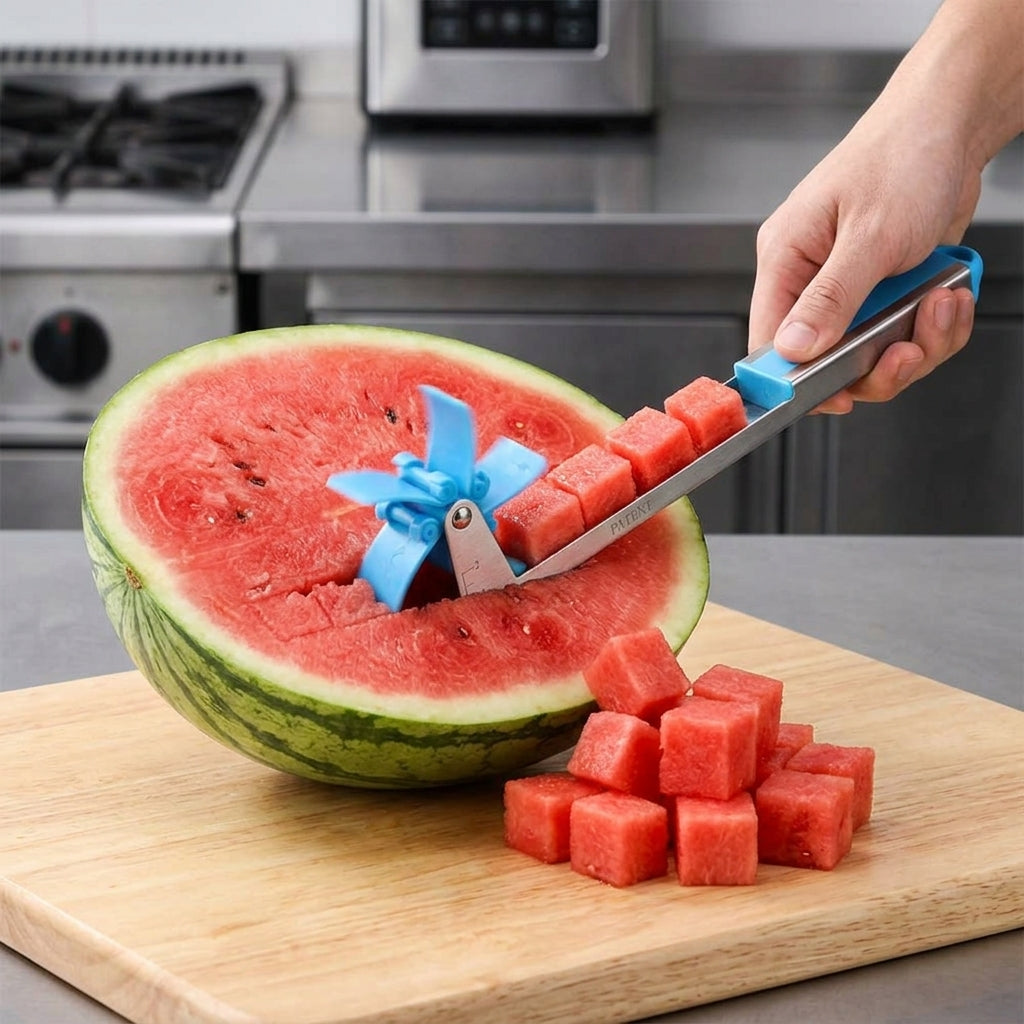 Watermelon windmill slicer in use cutting cubes on a board