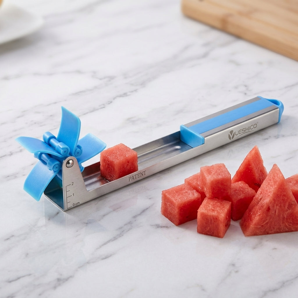 Watermelon windmill slicer with fresh cut cubes, clean background