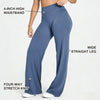 Infographic of the wide-leg yoga pants showing the 4-inch high waistband, wide straight leg and four-way stretch knit