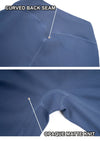 Close-up infographic showing the curved back seam and the opaque matte stretch knit