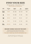 Size chart for the wide-leg yoga pants - XS to XL with US sizes, waist, hip and length in inches
