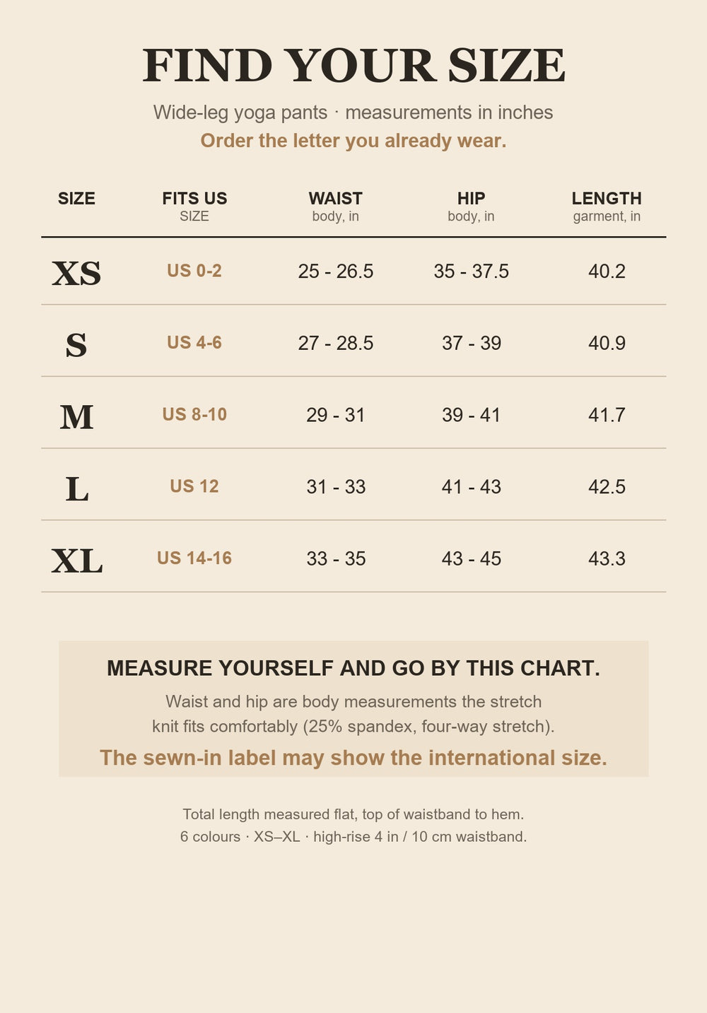 Size chart for the wide-leg yoga pants - XS to XL with US sizes, waist, hip and length in inches