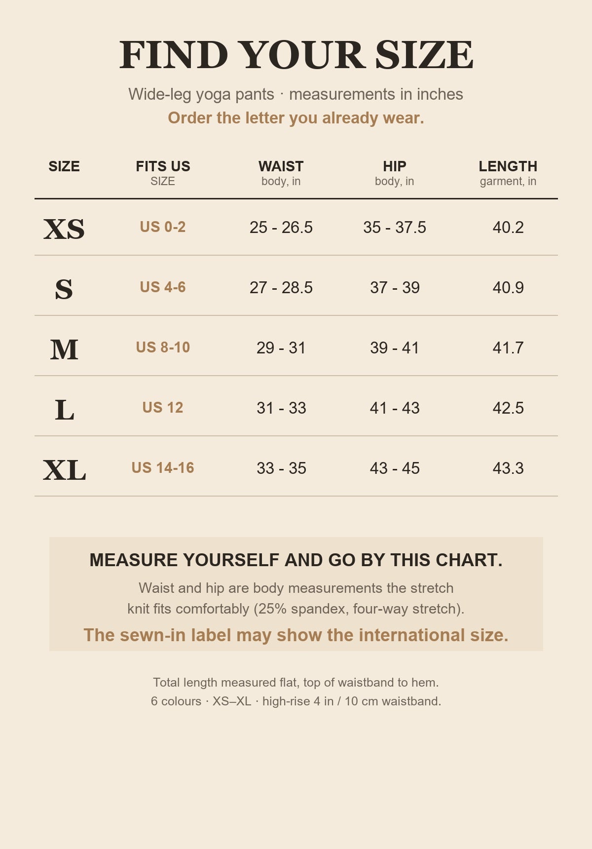 Size chart for the wide-leg yoga pants - XS to XL with US sizes, waist, hip and length in inches